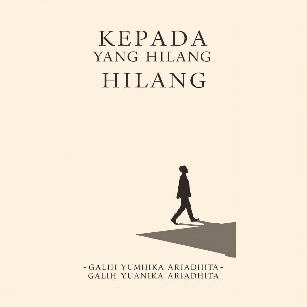 A minimalist and classic novel cover for 'KEPADA YANG HILANG', featuring a silhouette of a person walking with their shadow prominently displayed