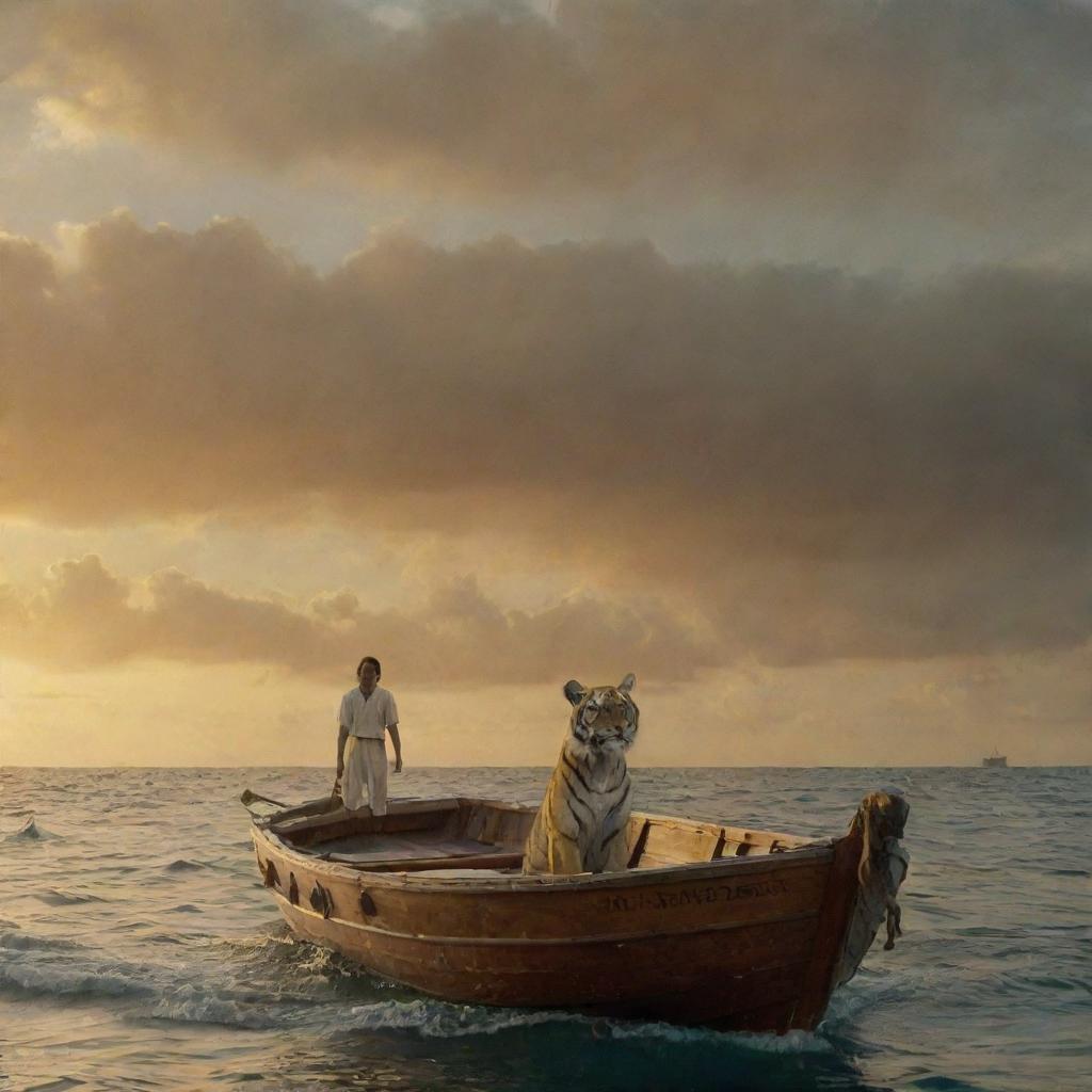 A scene from 'Life of Pi'. Pi Patel and a Bengal tiger named Richard Parker are adrift in the Pacific on a lifeboat. The vast ocean surrounds them, reflecting a star-studded sky, encapsulating the struggle and beauty of survival.