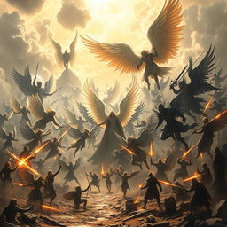 A grand and epic scene depicting Dellyn, the semi-divine angel, leading a battalion of celestial angels in a holy war against Guydio, a cherub of destruction