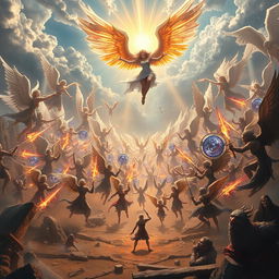 A grand and epic scene depicting Dellyn, the semi-divine angel, leading a battalion of celestial angels in a holy war against Guydio, a cherub of destruction