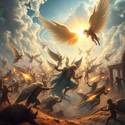 A grand and epic scene depicting Dellyn, the semi-divine angel, leading a battalion of celestial angels in a holy war against Guydio, a cherub of destruction