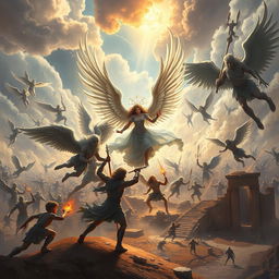 A grand and epic scene depicting Dellyn, the semi-divine angel, leading a battalion of celestial angels in a holy war against Guydio, a cherub of destruction