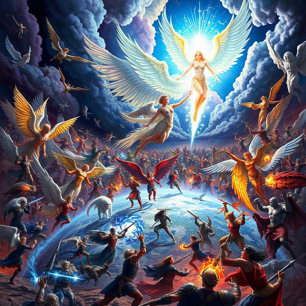 A celestial scene depicting Dellyn, the angel demigod, leading a multitude of angels in a divine battle against Guydio, a cherub of destruction