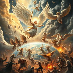 A celestial scene depicting Dellyn, the angel demigod, leading a multitude of angels in a divine battle against Guydio, a cherub of destruction