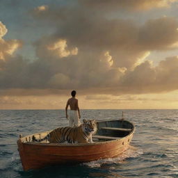 A scene from 'Life of Pi'. Pi Patel and a Bengal tiger named Richard Parker are adrift in the Pacific on a lifeboat. The vast ocean surrounds them, reflecting a star-studded sky, encapsulating the struggle and beauty of survival.