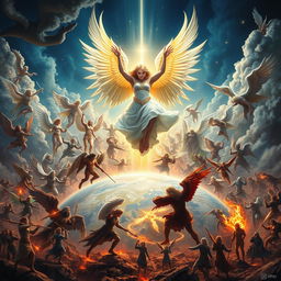 A celestial scene depicting Dellyn, the angel demigod, leading a multitude of angels in a divine battle against Guydio, a cherub of destruction