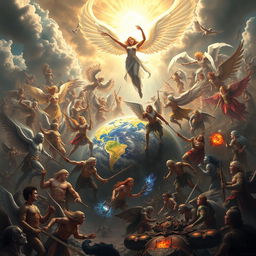 A celestial scene depicting Dellyn, the angel demigod, leading a multitude of angels in a divine battle against Guydio, a cherub of destruction