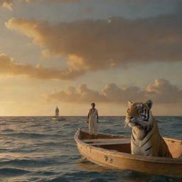 A scene from 'Life of Pi'. Pi Patel and a Bengal tiger named Richard Parker are adrift in the Pacific on a lifeboat. The vast ocean surrounds them, reflecting a star-studded sky, encapsulating the struggle and beauty of survival.