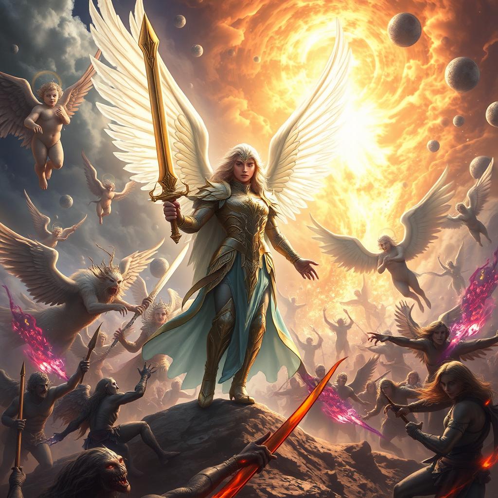 In a fantastical scene depicting Dellyn, a semi-god angel, leading an army of angels in a sacred battle against evil