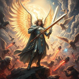 In a fantastical scene depicting Dellyn, a semi-god angel, leading an army of angels in a sacred battle against evil