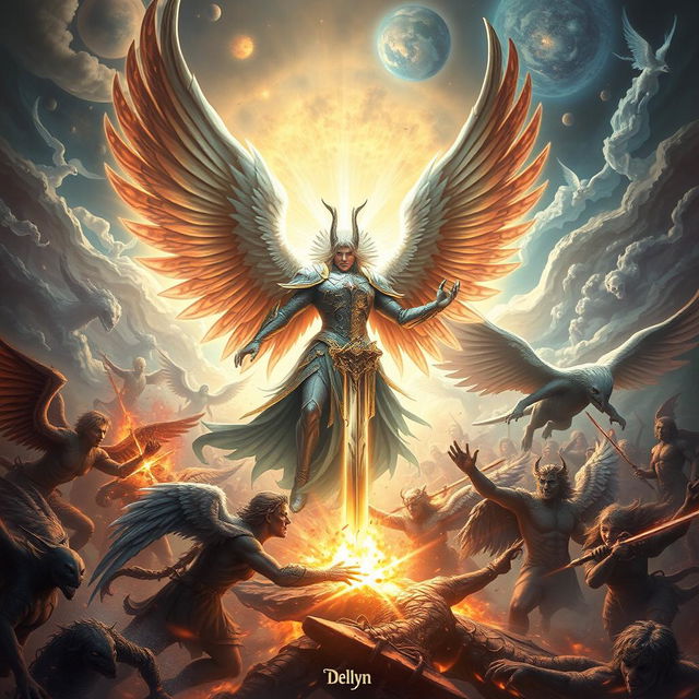 In a fantastical scene depicting Dellyn, a semi-god angel, leading an army of angels in a sacred battle against evil