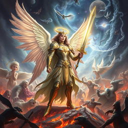 In a fantastical scene depicting Dellyn, a semi-god angel, leading an army of angels in a sacred battle against evil