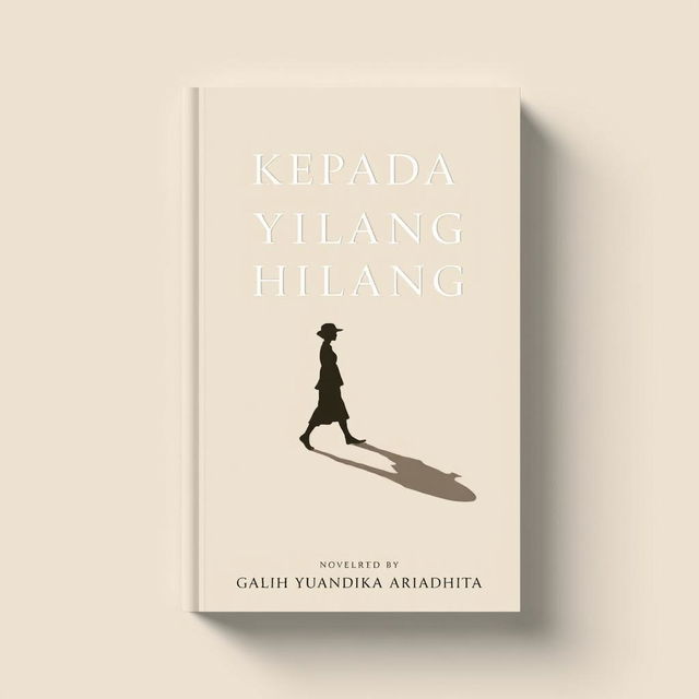 A minimalist novel cover for 'KEPADA YANG HILANG', featuring an elegant illustration of a person walking, accompanied by their shadow