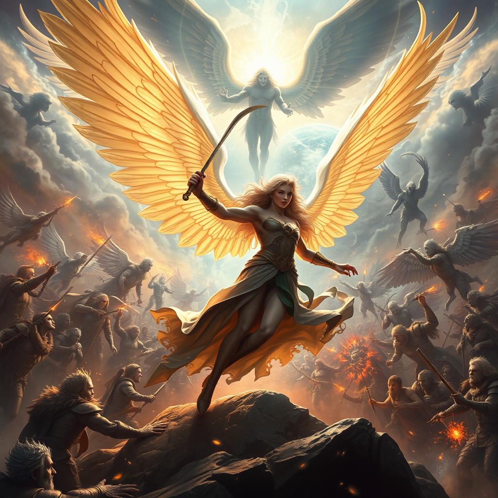 A divine scene depicting Dellyn, the semi-god angel, in a powerful stance, leading a celestial army of angels against the forces of evil