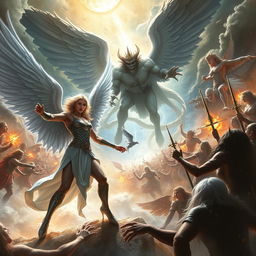 A divine scene depicting Dellyn, the semi-god angel, in a powerful stance, leading a celestial army of angels against the forces of evil