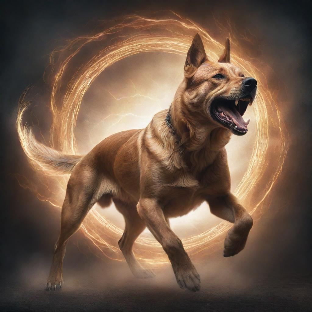 A detailed drawing of a powerful dog manifesting its unique supernatural abilities, with dynamic energy emanating from it