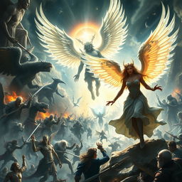 A divine scene depicting Dellyn, the semi-god angel, in a powerful stance, leading a celestial army of angels against the forces of evil