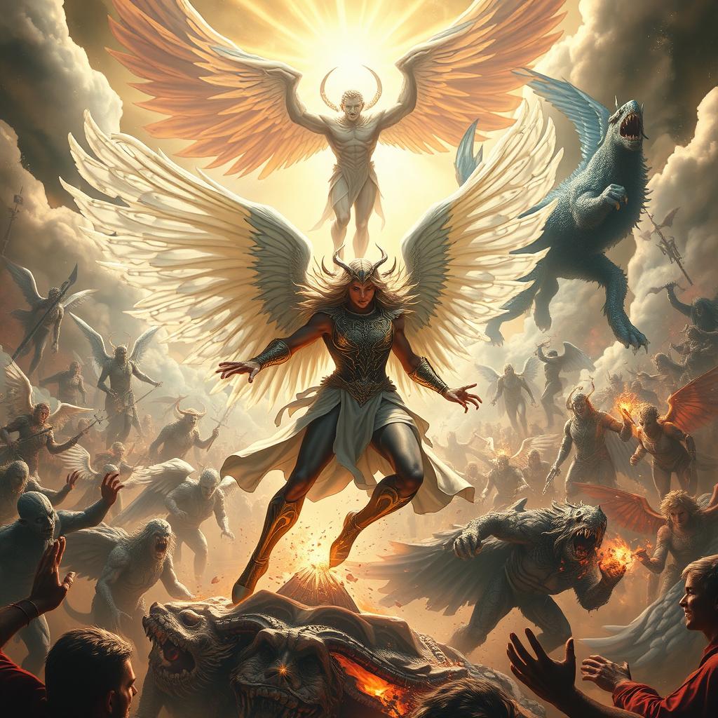 A divine scene depicting Dellyn, the semi-god angel, in a powerful stance, leading a celestial army of angels against the forces of evil