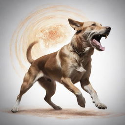 A detailed drawing of a powerful dog manifesting its unique supernatural abilities, with dynamic energy emanating from it