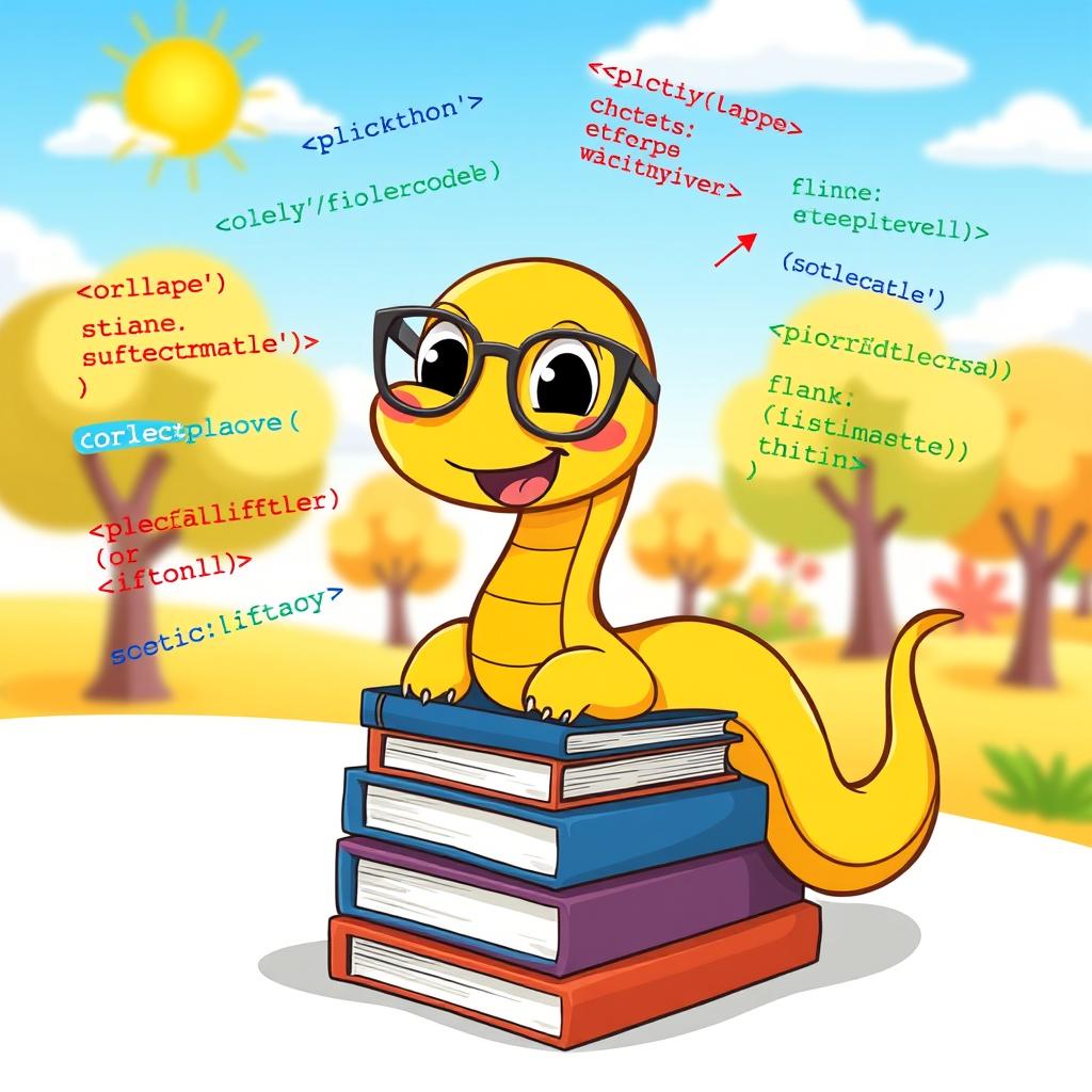 A cheerful and friendly cartoon snake representing Python, wearing cute glasses and sitting on a stack of programming books