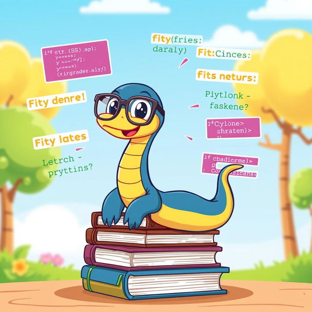 A cheerful and friendly cartoon snake representing Python, wearing cute glasses and sitting on a stack of programming books