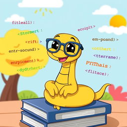 A cheerful and friendly cartoon snake representing Python, wearing cute glasses and sitting on a stack of programming books