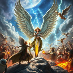 A powerful scene depicting Dellyn, the semi-divine angel, leading a celestial army composed of angels in a grand battle against the forces of evil