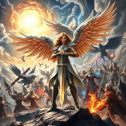 A powerful scene depicting Dellyn, the semi-divine angel, leading a celestial army composed of angels in a grand battle against the forces of evil