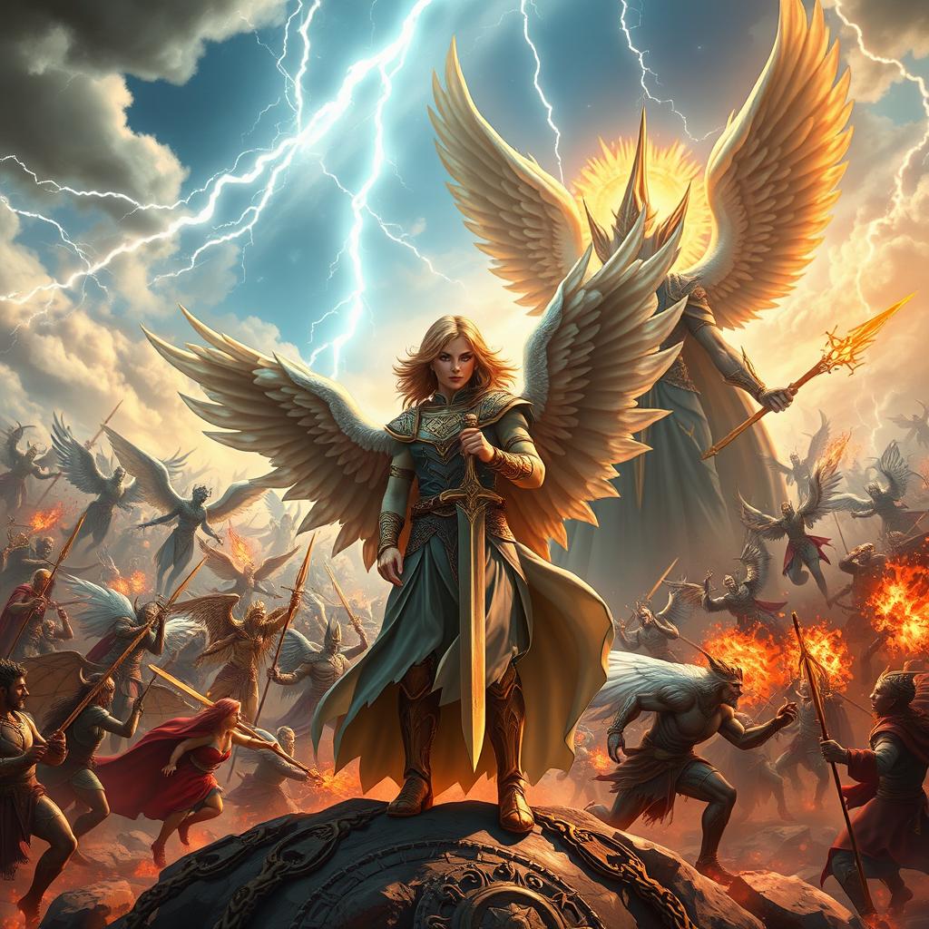 A powerful scene depicting Dellyn, the semi-divine angel, leading a celestial army composed of angels in a grand battle against the forces of evil