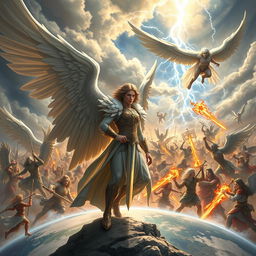 A powerful scene depicting Dellyn, the semi-divine angel, leading a celestial army composed of angels in a grand battle against the forces of evil