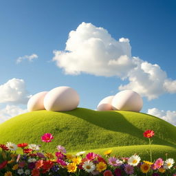 A playful and artistic representation of breast forms, shaped like soft curvy hills under a blue sky with fluffy white clouds