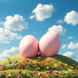 A playful and artistic representation of breast forms, shaped like soft curvy hills under a blue sky with fluffy white clouds