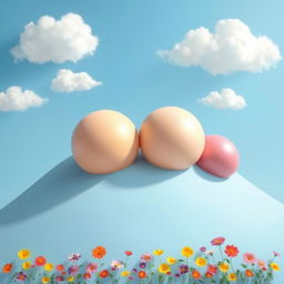 A playful and artistic representation of breast forms, shaped like soft curvy hills under a blue sky with fluffy white clouds