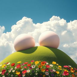 A playful and artistic representation of breast forms, shaped like soft curvy hills under a blue sky with fluffy white clouds