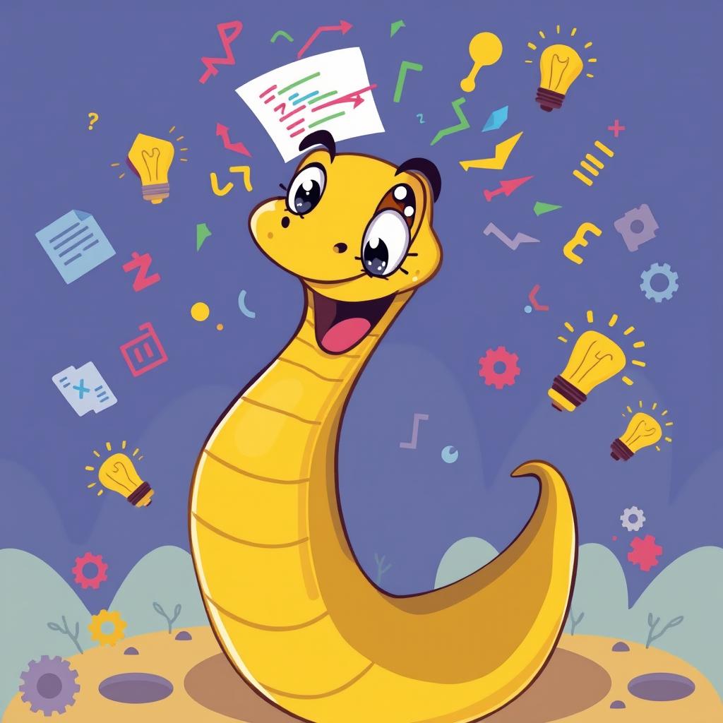 A whimsical cartoon snake representing Python, with a friendly and energetic expression, ready to teach programming