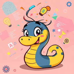 A whimsical cartoon snake representing Python, with a friendly and energetic expression, ready to teach programming