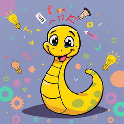 A whimsical cartoon snake representing Python, with a friendly and energetic expression, ready to teach programming