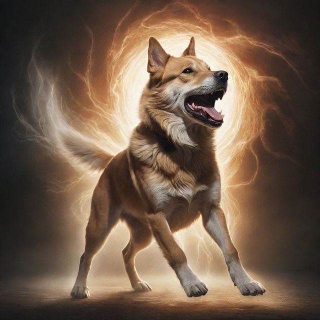 A detailed drawing of a powerful dog manifesting its unique supernatural abilities, with dynamic energy emanating from it