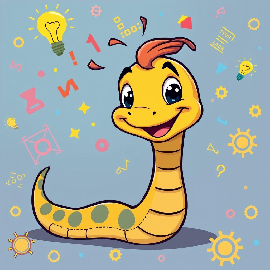 A whimsical cartoon snake representing Python, with a friendly and energetic expression, ready to teach programming