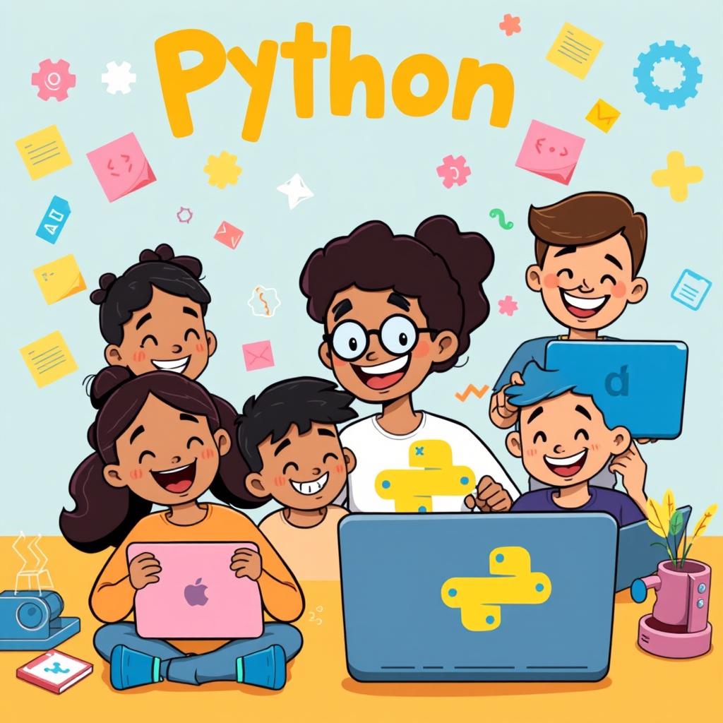 A joyful and vibrant scene illustrating a diverse group of cartoon characters happily learning the Python programming language together