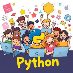 A joyful and vibrant scene illustrating a diverse group of cartoon characters happily learning the Python programming language together