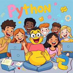 A joyful and vibrant scene illustrating a diverse group of cartoon characters happily learning the Python programming language together