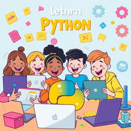 A joyful and vibrant scene illustrating a diverse group of cartoon characters happily learning the Python programming language together