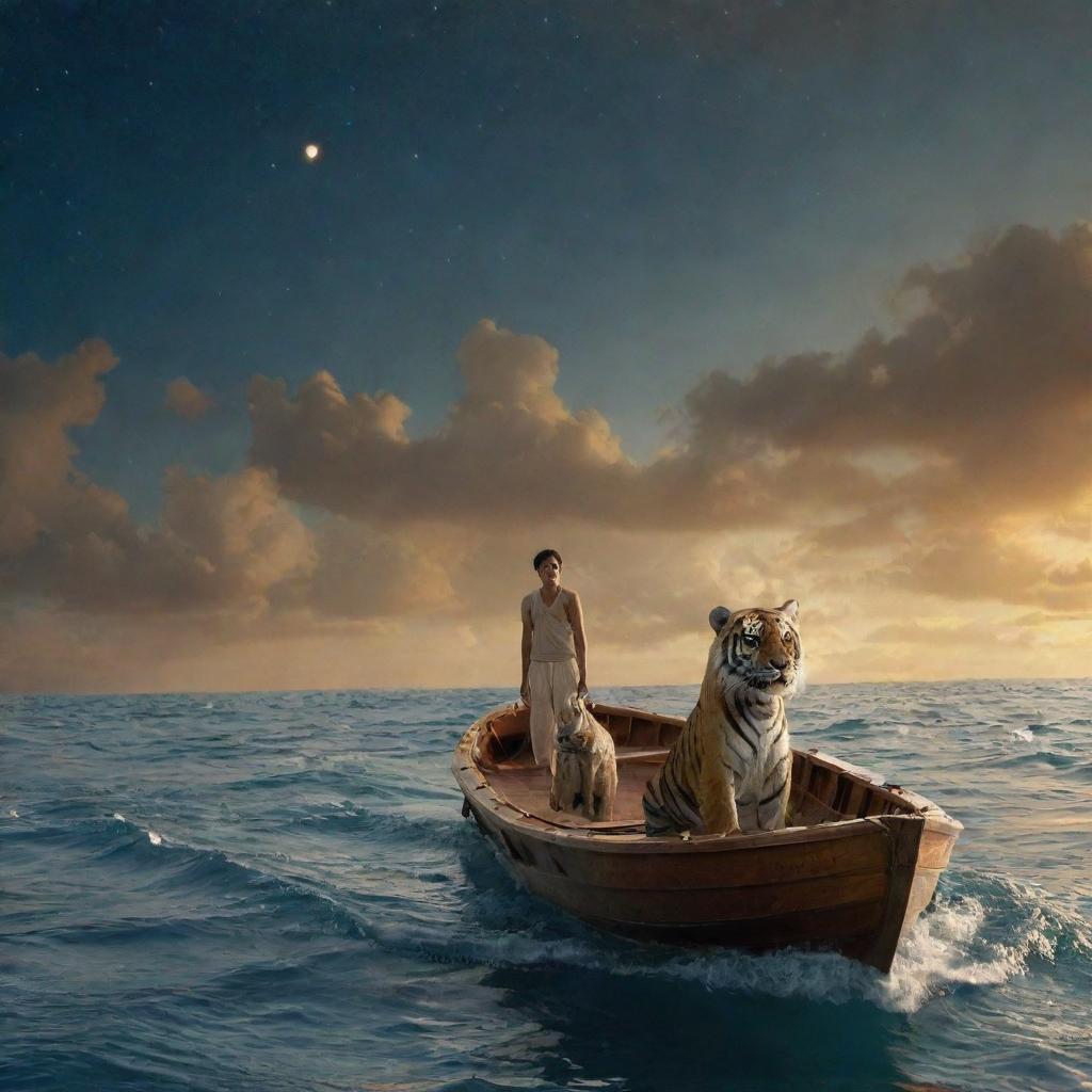 A scene from 'Life of Pi' showing Pi Patel and a Bengal tiger named Richard Parker adrift in the Pacific on a lifeboat. The vast ocean surrounds and beneath a sky full of stars, reflecting the struggle and beauty of survival.