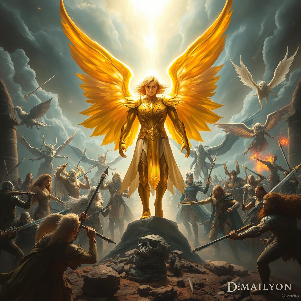 Dellyn, the demi-god angel, stands majestically in the heat of battle during a celestial war