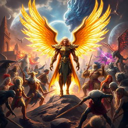 Dellyn, the demi-god angel, stands majestically in the heat of battle during a celestial war