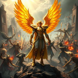 Dellyn, the demi-god angel, stands majestically in the heat of battle during a celestial war