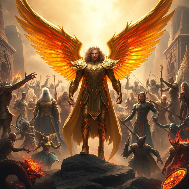 Dellyn, the demi-god angel, stands majestically in the heat of battle during a celestial war