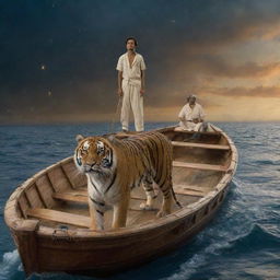 A scene from 'Life of Pi' showing Pi Patel and a Bengal tiger named Richard Parker adrift in the Pacific on a lifeboat. The vast ocean surrounds and beneath a sky full of stars, reflecting the struggle and beauty of survival.