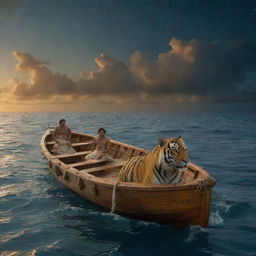 A scene from 'Life of Pi' showing Pi Patel and a Bengal tiger named Richard Parker adrift in the Pacific on a lifeboat. The vast ocean surrounds and beneath a sky full of stars, reflecting the struggle and beauty of survival.